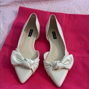 Nine West White Pointed Toe Flats with Bow Accent